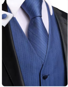 Mens Vests Waistcoats: Steel Blue 4-piece Solid Waistcoat and Necktie Pocket Square Cufflink Vest  Set- MJ-3558