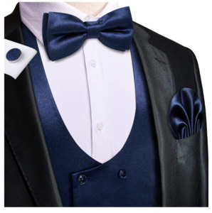 Mens Vests Waistcoats: Dark Blue Solid U-Neck Double-Breasted Vest Set- MJ-3255