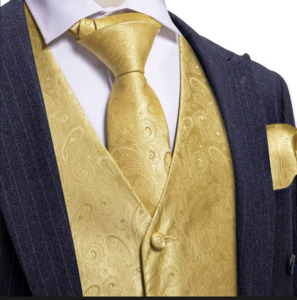 Golden Paisley Jacquard Vest Neck Bow Tie Handkerchief Cufflinks Set- MJ-2772