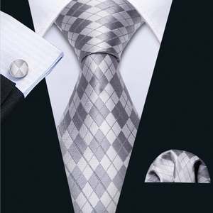 Silver Grey Plaid Necktie Pocket Square Cufflinks Set- N-5219