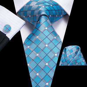 Blue Plaid Mens's Tie Pocket Square Cufflinks Set- N-3119