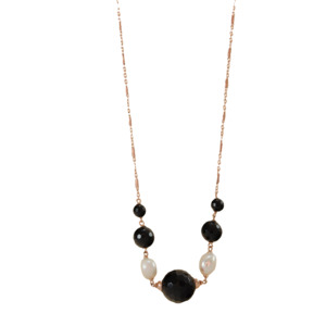 Black Agate & White Pearl Necklace - 52cm