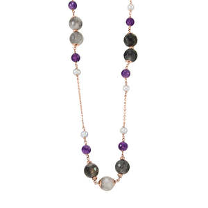 Simply Italian Pearl Necklace: Amethyst, Cloudy Quartz, & Silver Pearl Necklace - 84cm