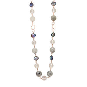 Simply Italian Pearl Necklace: Silver Pearl, Cloudy Quartz, Crystal & Rose Gold Necklace - 56cm