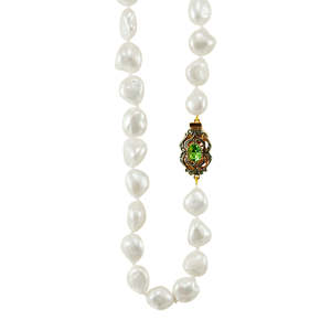 Simply Italian Pearl Necklace: White Baroque Pearl Necklace with Green Crystal Clasp - 61cm
