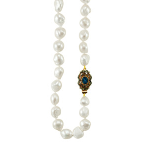 Simply Italian Pearl Necklace: White Baroque Pearl Necklace with Blue Crystal Clasp - 61cm