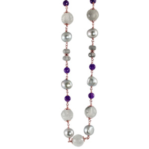 Amethyst, Cloudy Quartz, Labradorite & Silver Pearl Necklace