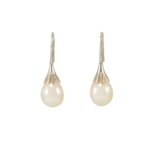 White Pearl Earrings on Silver Claw Hooks