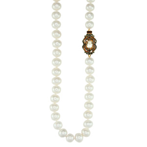 White Cultured Freshwater Pearl Necklace with Vintage Bright Crystal Clasp