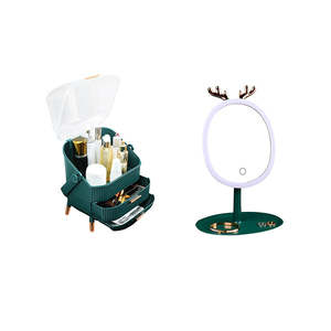 Green Cosmetic Jewelry Storage Organiser With Antler Led Light Mirror