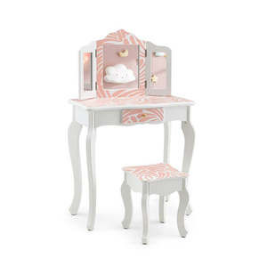 Kids Vanity Set With Tri Folding Mirror Drawer And Stool