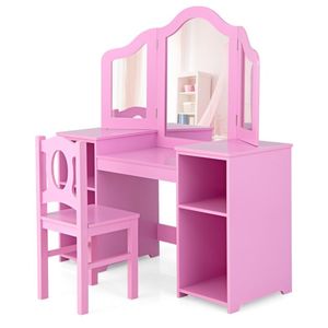 Baby Room Furniture: 2 In 1 Kids Vanity Table And Chair Set With Removable Mirror