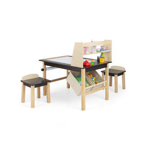 Kids Wooden Art Table And 2 Chairs Set Wiht 2 Tier Open Shelf