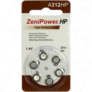 Zenipower A312 Button Zinc Air Battery 6 Pack SIMPOWER