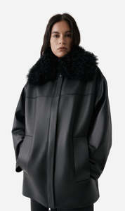 Rebe | Shearling Collar Leather Jacket - Black