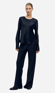 Silk Laundry: Silk Laundry | Long Sleeve Bias Top - Black Satin