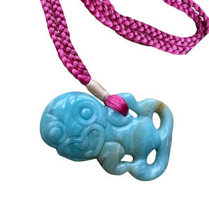 Womens Necklaces: Māori Hei Tiki gemstone pendant: Amazonite on hand-woven hot pink strand
