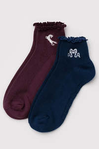 Womens Socks: Baggu Lettuce Edge Sock Set Of 2 - Mahogany & Navy