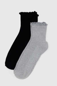 Womens Socks: Baggu Lettuce Edge Sock Set Of 2 - Heather Grey / Black