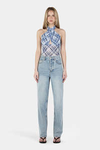 Womens Tops Shirts: Ownley Harmony Crossover Top - Sky Plaid