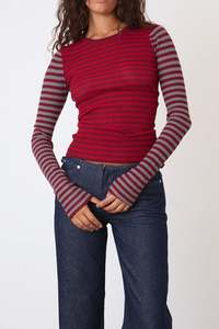 Peachy Den Elise Stripe LS Top - Burgundy