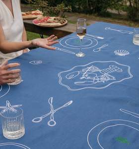 Frontpage: Sea Blue 100% Linen Embroidered Tablecloth