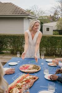 Tablecloth Hire For Your Special Event: HIRE - Sea Blue 100% Linen Embroidered Tablecloth