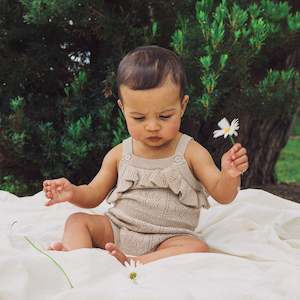 KYND Pointelle Knit Frill Romper | Neutral