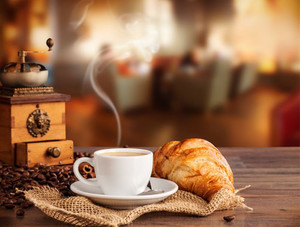 Products: Coffee drink served with croissant Smart Art Design