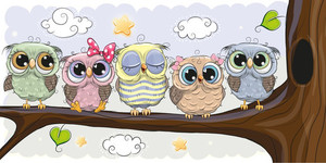 Products: Five Cute Owls is sitting on a brunch Smart Art Design