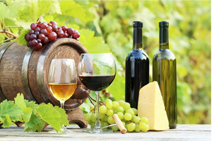 Products: Wine in glasses with bunch of grape and cheese on wooden table Smart Art Design