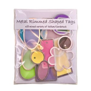 Reimagined Treasures: Metal Rimmed Shaped Tags – ‘Vellum & Cardstock’ – (15 pieces)