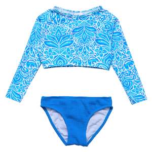 Girls Rash Tops: Santorini Blue Crop LS Rash Set