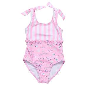 Girls One Pieces: Pink Sea Shoulder Tie Swimsuit