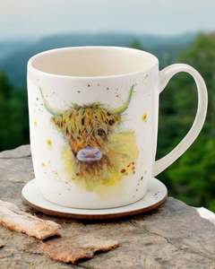 Mugs: Jan Pashley Highland Coo Cow Porcelain Mug & Coaster Set