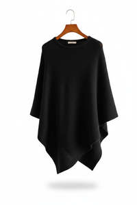 Poncho With Ribbed Edge: Poncho with ribbed edge - BLACK