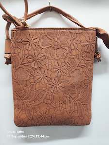 Crossbody Bags: Lace emboss Phone Bag Caramel