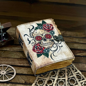 Skulls: Vintage Leather Journal Grimoire with Sugar Skull Rose Print