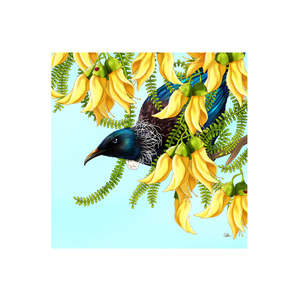 Sophie Blokker: Sophie Blokker 3D Textured Square Ceramic Tile - Peeping Tui in Kowhai