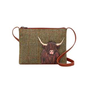 Hand Bags: Highland Cow Tweed Leather Crossbody Bag - Brown