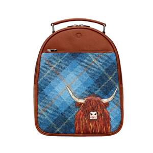 Backpacks: Highland Cow Tweed & Leather Backpack - Blue