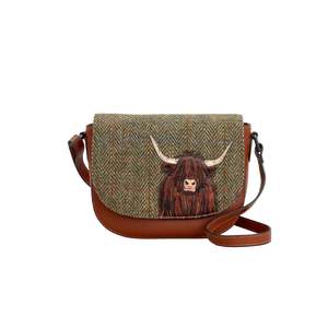 New: Highland Cow Tweed & Leather Flap Over Crossbody - Brown