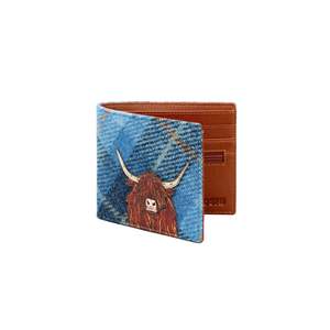Highland Cow Harris Tweed Men's Leather Wallet - Blue