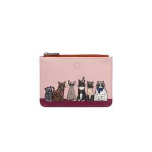 Card Coin Holder: Party Cats Card & Coin Leather Purse - Pink & Brown