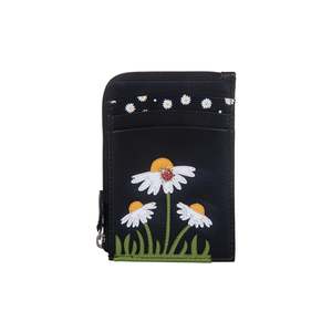Card Coin Holder: Peony Card & Coin Leather Holder - Black