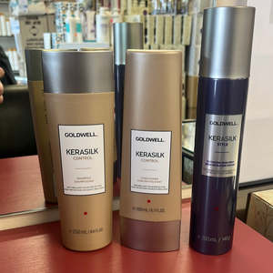 Black Friday Sale: Goldwell Kerasilk Control shampoo & conditioner + Goldwell Kerasilk Fixing Effect Hairspray Trio Bundle deal, for keratin straightening or nanoplasty