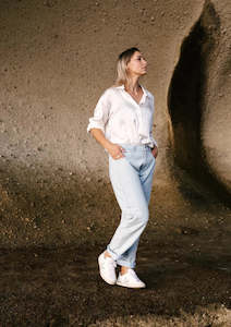Denim: Le Edit Mom Jeans In Stonewashed