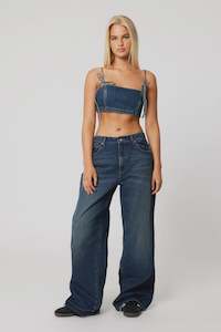 Denim: Mid Super Baggy Laced Jean  Tint Dark Blue