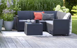 outdoor furniture: KETER - Claire 5 Seat Corner Storage Set - PRE ORDER STOCK ARRIVES APPROX OCT 30th.