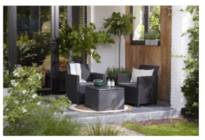 outdoor furniture: KETER - Claire 3 Piece balcony set with storage table - PRE ORDER STOCK ARRIVES APPROX OCT 30th.